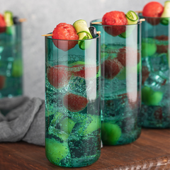 Premium Juliette Cocktail Glasses, close view with drink and fruit on top