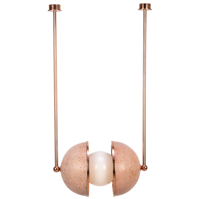 A pendant light fixture with a terrazzo dome and opaline glass globe, featuring a stainless steel frame.