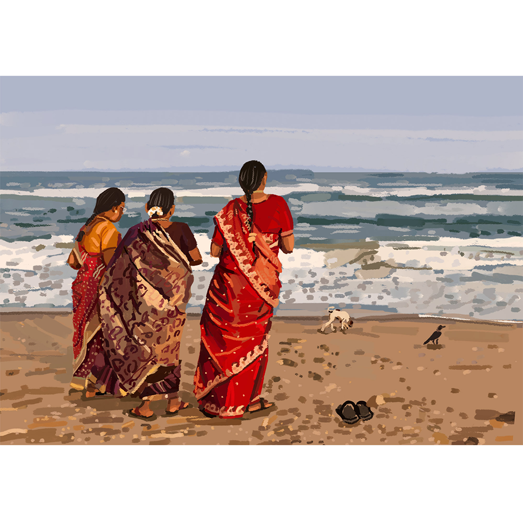 South Indian inspired Art print captures three women in colorful sarees standing on a beach, looking at the ocean.