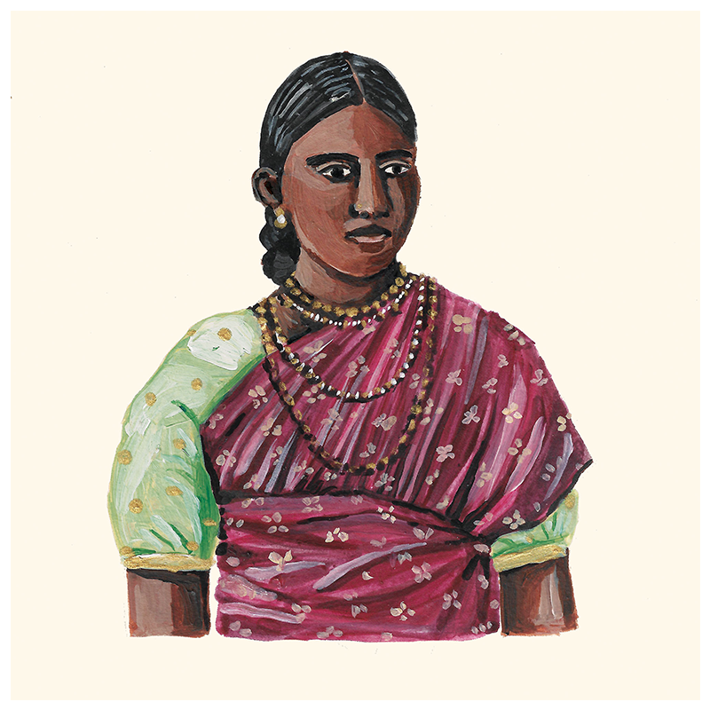 Archival Art print depiction of a woman wearing traditional attire, predominantly in pink and green colors with floral patterns and jewelry.