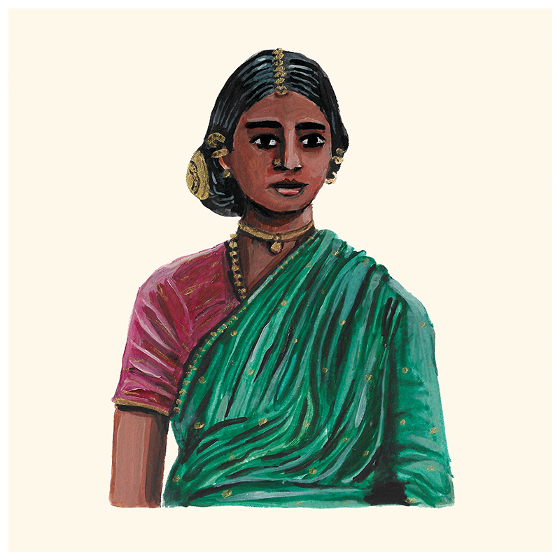 A colorful artwork illustration of a woman with a green and red saree, featuring detailed portions and decorative patterns.
