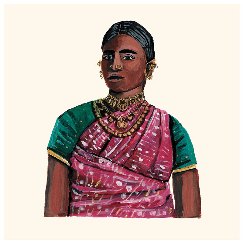 Art Print Portrait of a woman wearing traditional attire and jewelry.
