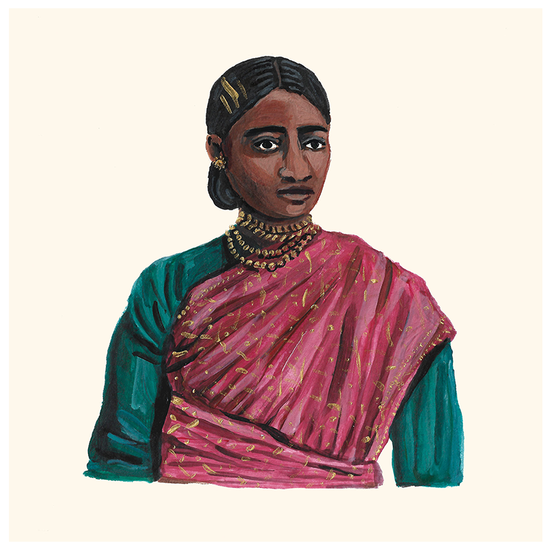 A colorful illustration artwork of a woman with a serene expression, dressed in traditional attire, against a white background.