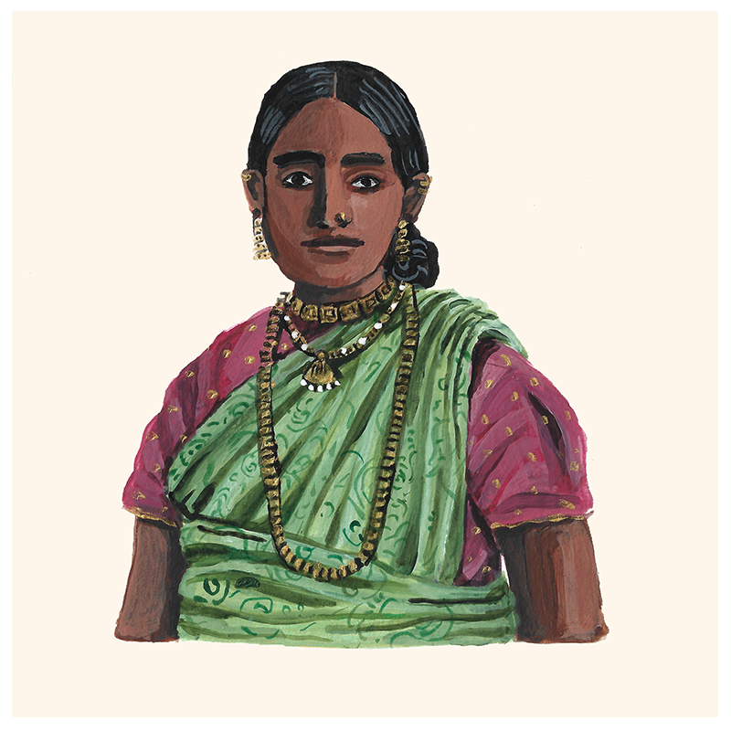 An artistic portrait art print of a woman in a colorful traditional outfit with intricate details and accessories.