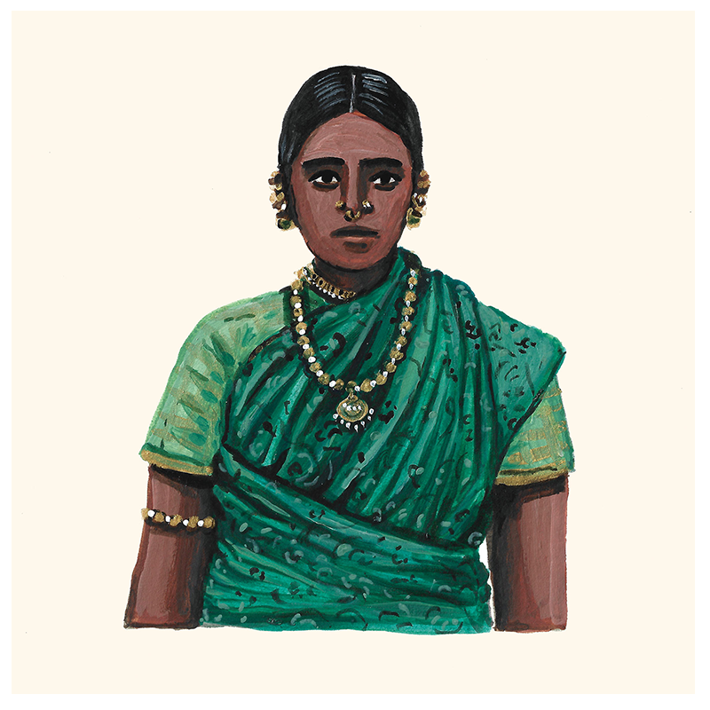 A digital art print of an acrylic painting portraying a woman in traditional attire, predominantly green, with jewelry.