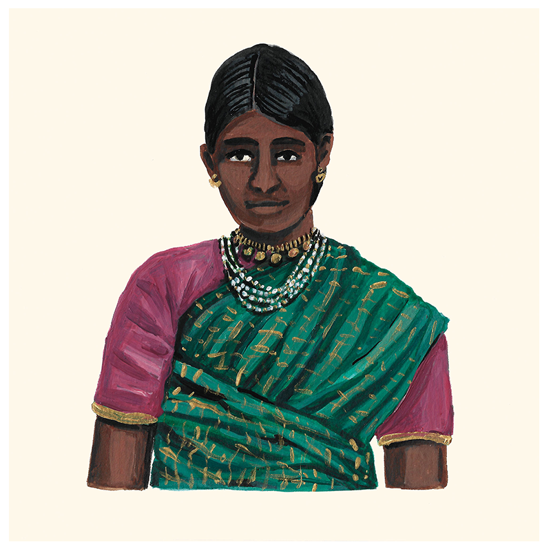 An artistic representation of an art print with woman's portrait, featuring a traditional dress & necklace.