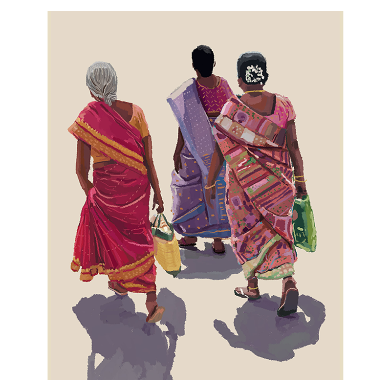 A fine art print of three women dressed in colorful traditional sarees, walking away from the viewer.