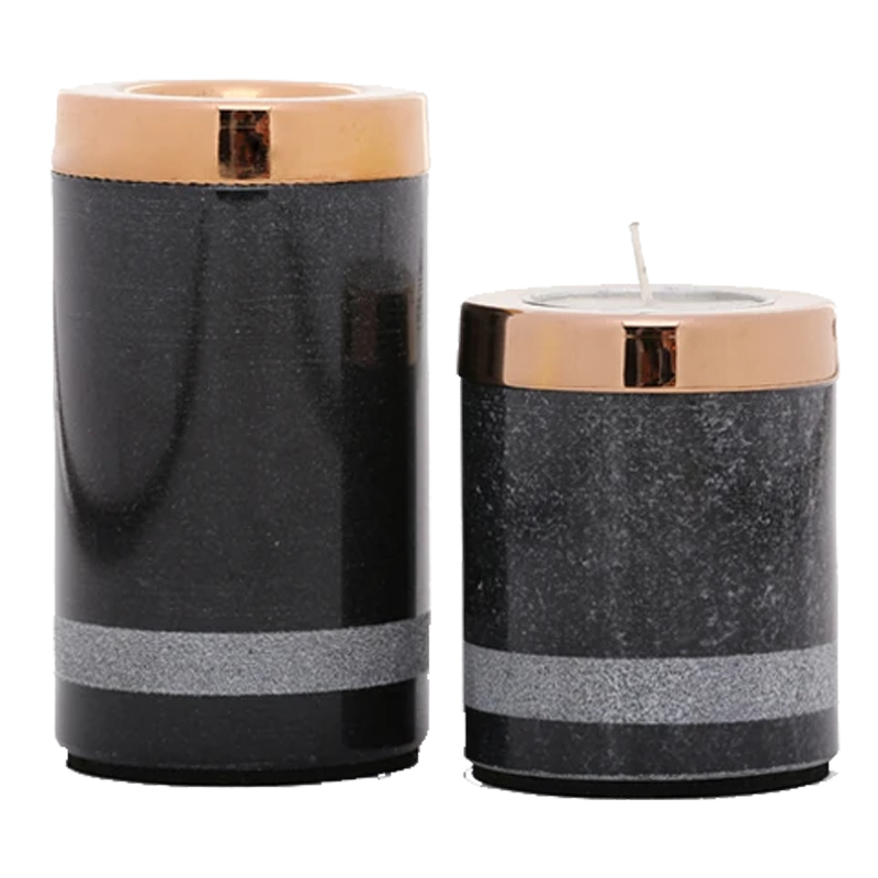 Yin Tealight Towers - Two black marble and brass tealight towers of different heights with a textured finish.