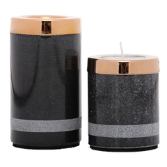 Yin Tealight Towers - Two black marble and brass tealight towers of different heights with a textured finish.